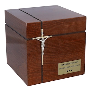 Religious funeral urn for ashes Catholic adult urn made of solid wood Box for ashes Rectangle cremation urn Personalized urn for human ashes