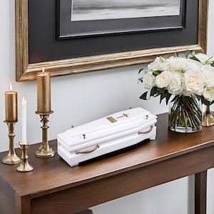 Small decor coffin urn Beautiful solid wood casket with gold cross and handles Cremation urn shaped like casket unique urn like a coffin box