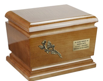 Urn box for human ashes personalise wooden urn Customizable wooden urn box with cross and calla lily Artistic wood casket for adult