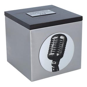 Musician&#39;s Cremation Urn with Microphone – Stainless Steel Ashes Box with Custom Plaque, Memorial Tribute for Music Fans