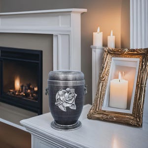 Metal Cremation Urn for Ashes with Rose Emblem.Funeral Urn For Adult, Ashes Urn UK