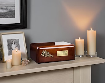 Beautiful wood casket human funeral ashes urn for adult Cremation urn high gloss wood urn with engraved plaque Wooden urn for ashes box urn