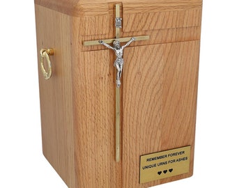 Large wooden urn for burial with cross catholic funeral urn with engraved own text  Memorial tribute box for human ashes Oak wood urn large