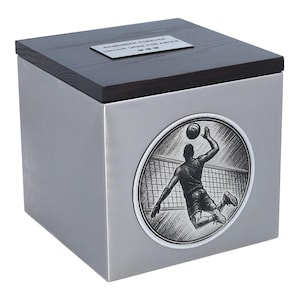 Personalized Volleyball Urn for Ashes – Metal & Wood Memorial Box, Spike Player Engraving, Felt-Lined, Custom Engraving Included