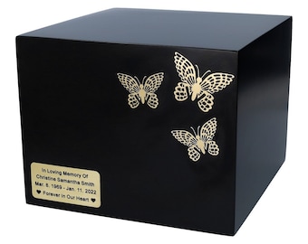 Butterflies urn for human ashes Black box with butterflies and memorial plaque personalized decortive cremation urn Artistic black urn