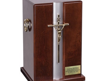Beautiful  solid wood  casket with gold cross  and handles Adult Cremation Urn Personalised Human Cremation Urn  (Dn70)