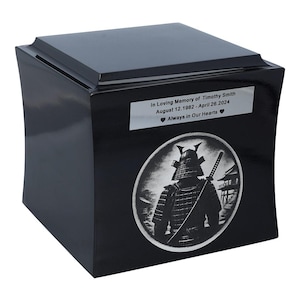Japanese-style cremation urn Theme urn with a Samurai - Symbolic cremation urn Warrior memorial urn Personalized wood urn for ashes