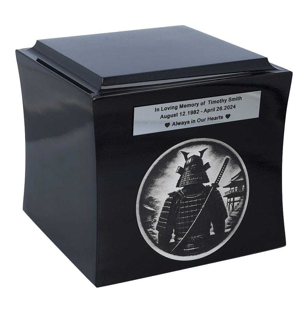 Japanese-style cremation urn Theme urn with a Samurai - Symbolic cremation urn Warrior memorial urn Personalized wood urn for ashes