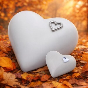 May include: Two white heart-shaped objects, one large and one small, rest on a bed of autumn leaves. The larger heart has a silver heart-shaped accent, while the smaller heart features a crystal heart accent. The background is blurred with fall colors.