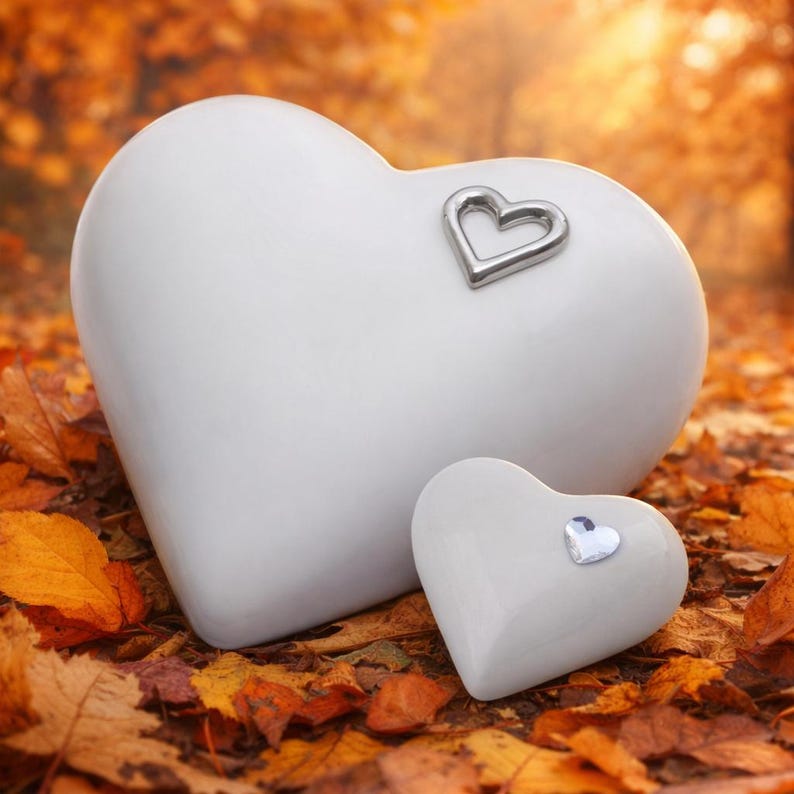 May include: Two white heart-shaped objects, one large and one small, rest on a bed of autumn leaves. The larger heart has a silver heart-shaped accent, while the smaller heart features a crystal heart accent. The background is blurred with fall colors.
