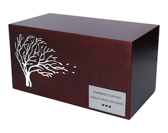 Artistic wood urn with tree funeral urn for ashes Cremation urn box for human cremate remains casket with own text Urn with name and dates