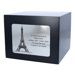 Engraved cremate urn for ashes France Paris Eiffel Tower urn for human ashes adult size black ashes box casket Large size urn memorial box