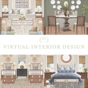 May include: A collage of four interior design mood boards featuring living room, dining room, and bedroom layouts with furniture, lighting, rugs, and wall decor. The text VIRTUAL INTERIOR DESIGN is centered in the middle of the image.