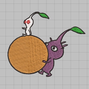 May include: Embroidered design featuring two cartoon creatures. One white creature with red accents and a green leaf is perched atop a large orange sphere. A purple creature with a long nose and green leaf is pushing the sphere.