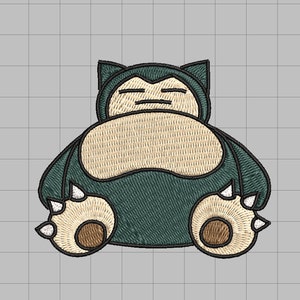 May include: Embroidered patch featuring a Snorlax design. The patch showcases a large, sleeping Snorlax in shades of teal, beige, and brown, with black outlining. The design is detailed and appears to be machine-embroidered on a gray grid background.
