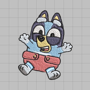 May include: Embroidered patch featuring a cartoon dog character in a playful pose. The dog has blue fur, a black nose, and is wearing a red diaper. The design is detailed with white, yellow, and black accents, and is set against a gray grid background.