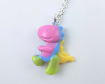 Multicoloured Dinosaur Necklace ~ Cute Rainbow resin T-Rex Pendant necklace Geek Gift idea. Colourful Statement Dinosaur Jewellery