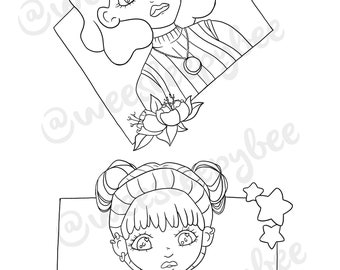 Quirky Girls ~ Printable Colouring Page. Cute Character Sketches Coloring Page PDF file for Home Activities. Instant Digital Download File.