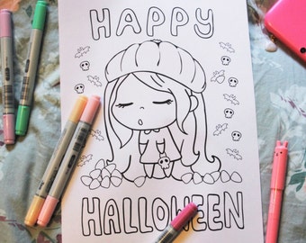 Printable Halloween Coloring Page. Happy Halloween Coloring Page Print. Instant Digital Download File. Halloween Colouring for kids