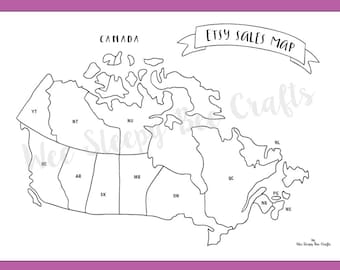 May include: A black and white outline map of Canada with each province and territory labeled. The map is titled "Etsy Sales Map" with a banner above the map. The text "Crafts" is written in a cursive font below the map.