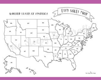 May include: A black and white outline map of the United States of America with each state labeled. The map is titled "Etsy Sales Map".