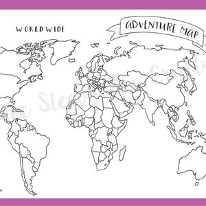 Printable Map of The World Colouring Page Digital Download PDF of an Adventure Scratch Map/ Colouring Page Achievement Map image 1