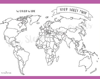 May include: A black and white outline of a world map with country borders. The map is labeled "WORLDWIDE" and "SHOP SALES MAP".