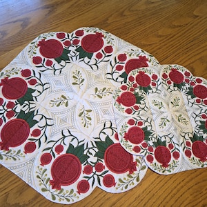 Embroidered Christmas Pomegranate Table Topper: Holiday Linen