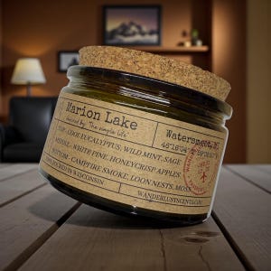 May include: A glass jar candle with a cork lid. The label reads "Marion Lake" with scent notes including eucalyptus, wild mint, and campfire smoke. The jar is on a wooden surface.