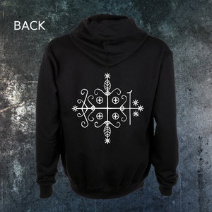Papa Legba Voodoo Veve Zip Up Zipper Hoodie - Satanic Pentagram Punk Occult Gothic Satan Goat&#39;s Head Goat Metal evil of Mendes Wicca seal