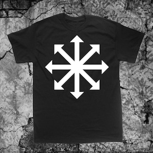 May include: Black t-shirt with a white eight-pointed star design. The star has eight points that are all arrows pointing outwards.