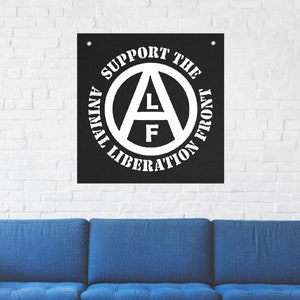 May include: Black and white poster with the text "Support the Animal Liberation Front" in a circle around an anarchy symbol with the letters "A.L.F." inside.