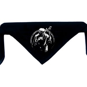 May include: Black bandana with a white graphic of a hooded figure holding a weapon in a circle.