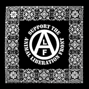 May include: Black and white image of an anarchist symbol with the letters "A.L.F." inside the symbol. The text "Support the Animal Liberation Front" surrounds the symbol.