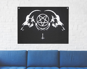 Goat Skull Wall Tapestry - Occult Gothic Evil Seal Satan Goat's Head Pentagram Satanic Sigil of Lucifer Mendes Voodoo Metal Devil Baphomet