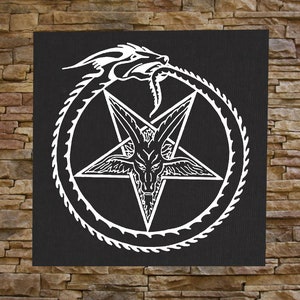 May include: A black patch with a white pentagram and a white dragon wrapped around it. The pentagram has a goat's head in the center.