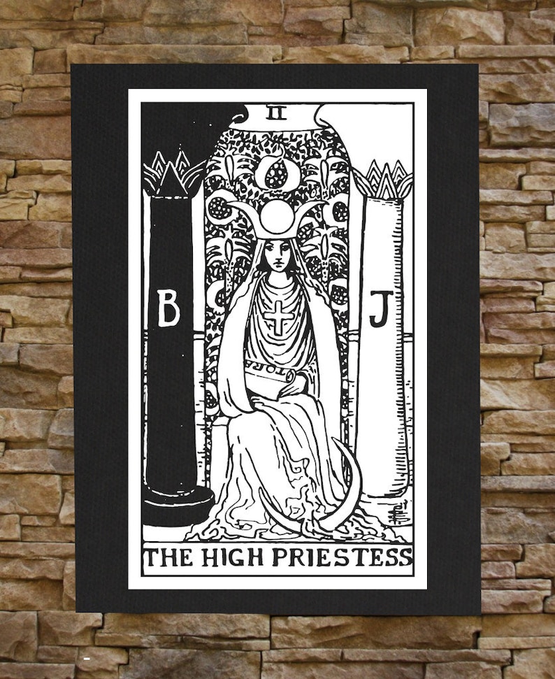 High Priestess Tarot Card Canvas Print / BACK Patch Skull Occult Gothic Skeleton Medieval Magic Pentacle Wicca Witch Voodoo Memento Mori Black & White