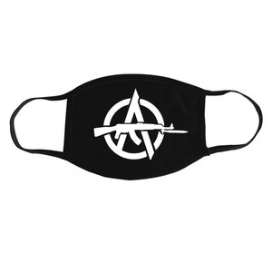 May include: Black face mask with a white anarchy symbol and a rifle inside the circle.