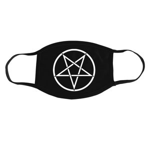 May include: Black face mask with a white pentagram symbol.