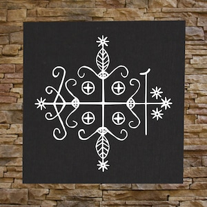 May include: A white symbol on a black background. The symbol is a cross with four circles and four stars at the ends of the cross. There are also four curved lines that form a square around the cross.