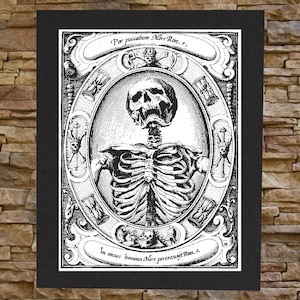 Peut inclure: Une illustration vintage en noir et blanc d'un squelette avec le texte "Per peccatum Mors. Rom." et "In omnes homines Mors pertransit. Rom."