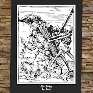 Może przedstawiać: Czarno-biały drzeworyt przedstawiający handlarza, którego zabiera Śmierć. Handlarz niesie na plecach kosz z towarem. Drzeworyt nosi tytuł "Handlarz" i przypisuje się Hansowi Holbeinowi.