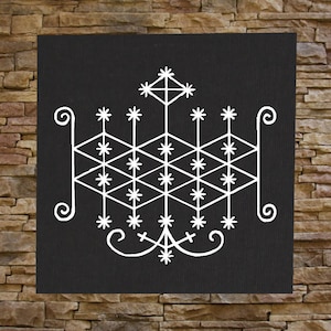 Könnte beinhalten: Ein weißes geometrisches Design auf schwarzem Hintergrund. Das Design zeigt eine Reihe von Sternen, Linien und Kreisen.