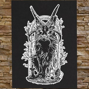 May include: Black and white illustration of a cat with horns and a cross on its forehead, standing in a doorway with a candle and a skull. The cat is surrounded by vines and branches.