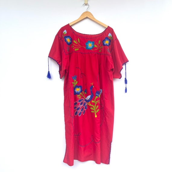 Floral Embroidered Mexican Red Dress 2XL