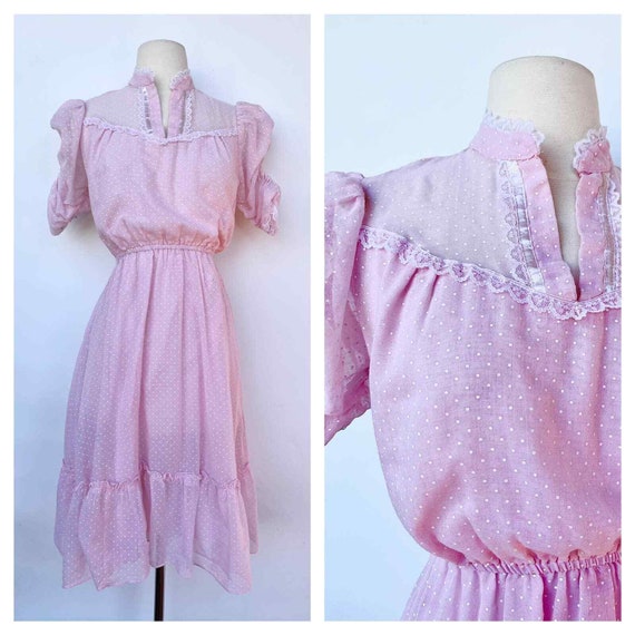 1970s Swiss Dot Victorian Style Pink Dress XS/S - image 1