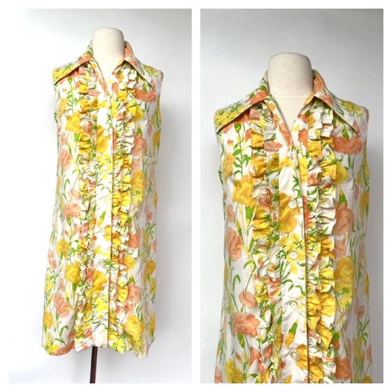 1960s Swirl Ruffle Front Sleeveless Spring Dress … - image 1