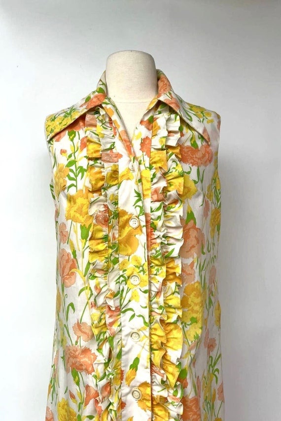 1960s Swirl Ruffle Front Sleeveless Spring Dress … - image 3