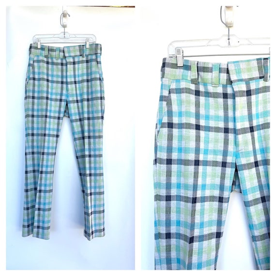 1960s Blue Plaid Grandpa Pants Trousers Large - image 1