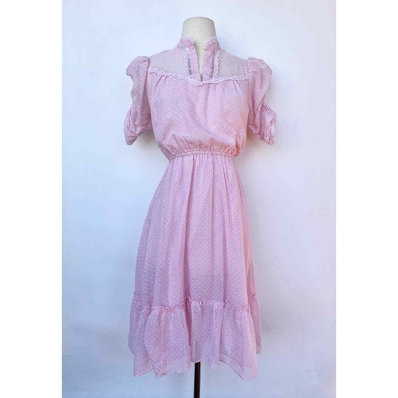 1970s Swiss Dot Victorian Style Pink Dress XS/S - image 2